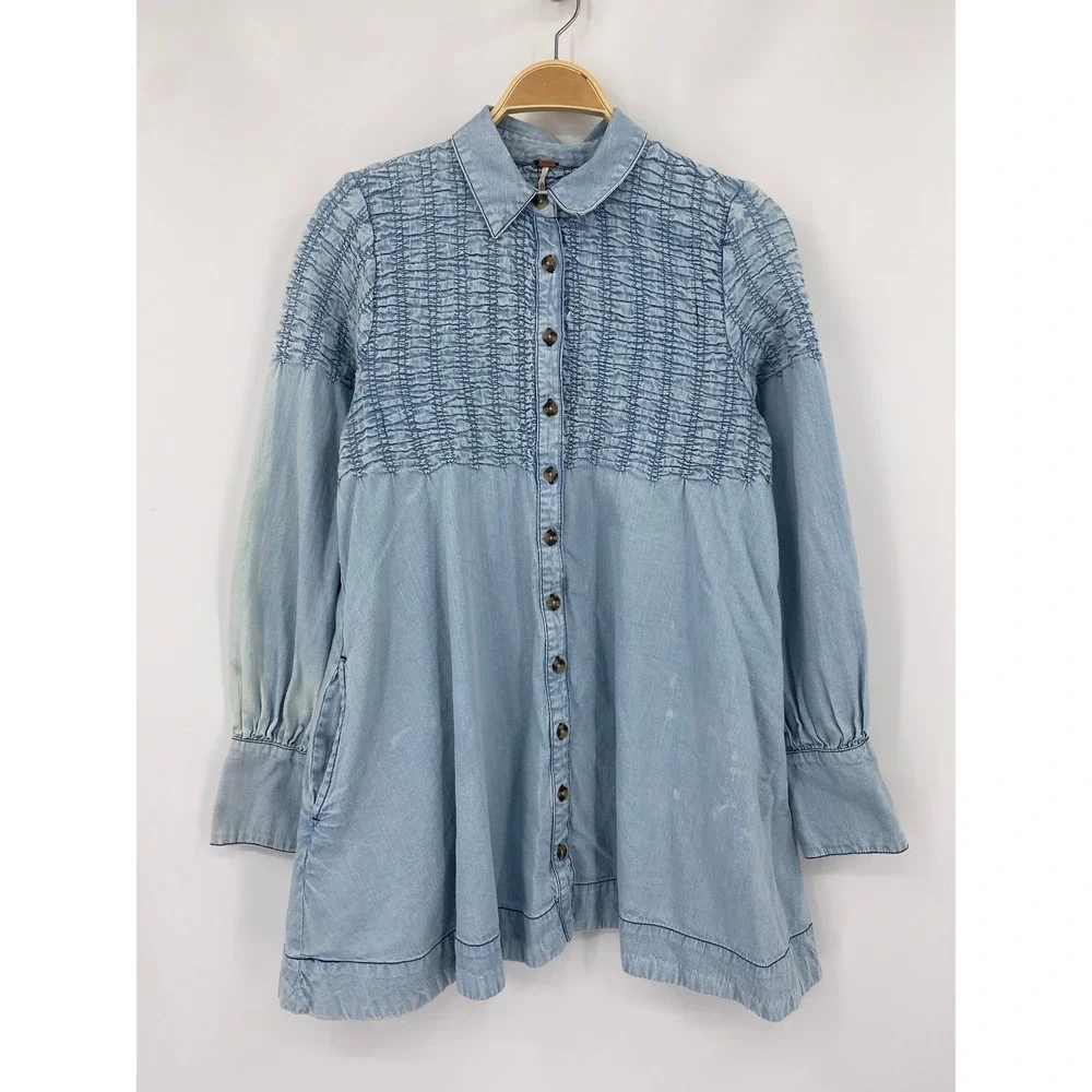 Free People Dress Womens XS Blue Smocked Denim Chambray Long Sleeve Button Front